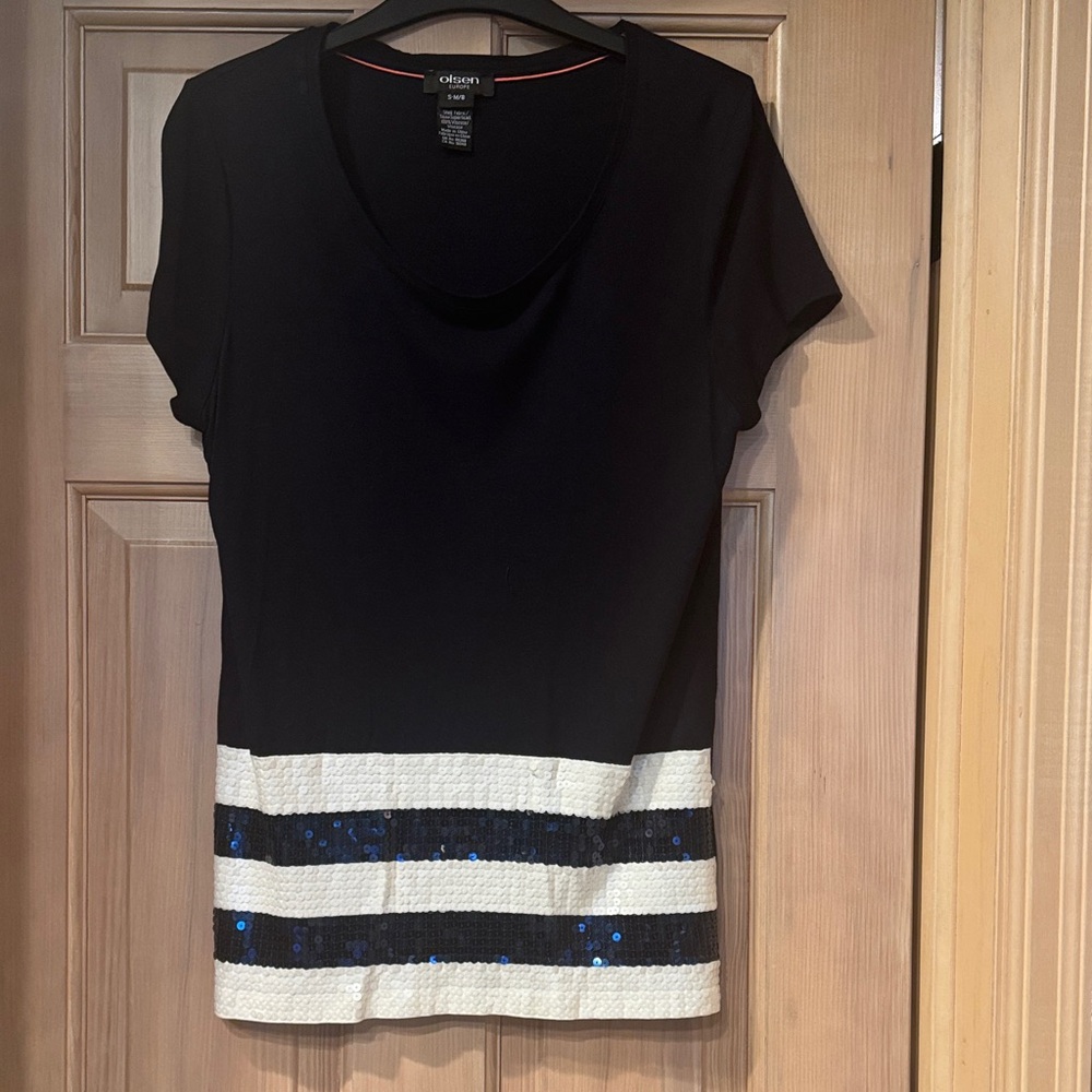 Olsen Navy and White Sequin Accent Top